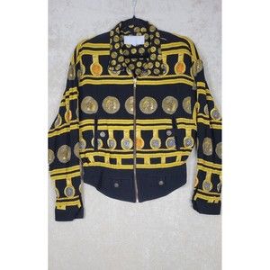 Vintage Platinum by Dorothy Schoelen Wearable Art Bomber Jacket Greek Coins Sz M